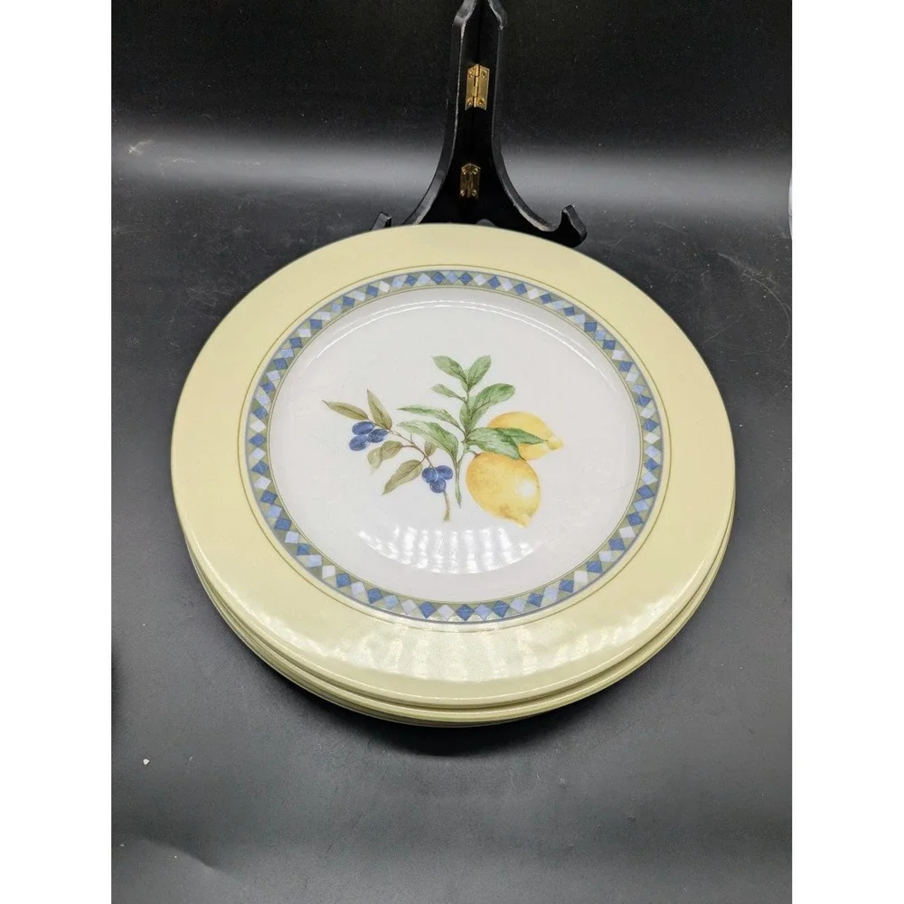 Royal Doulton Carmina TC1277 Dinner Plates Set of 4 Lemon Olive Yellow Blue 1999